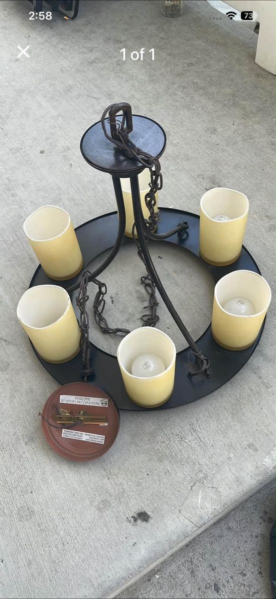 Vintage Metal Chandelier Light Fixture with 5 Glass Shades