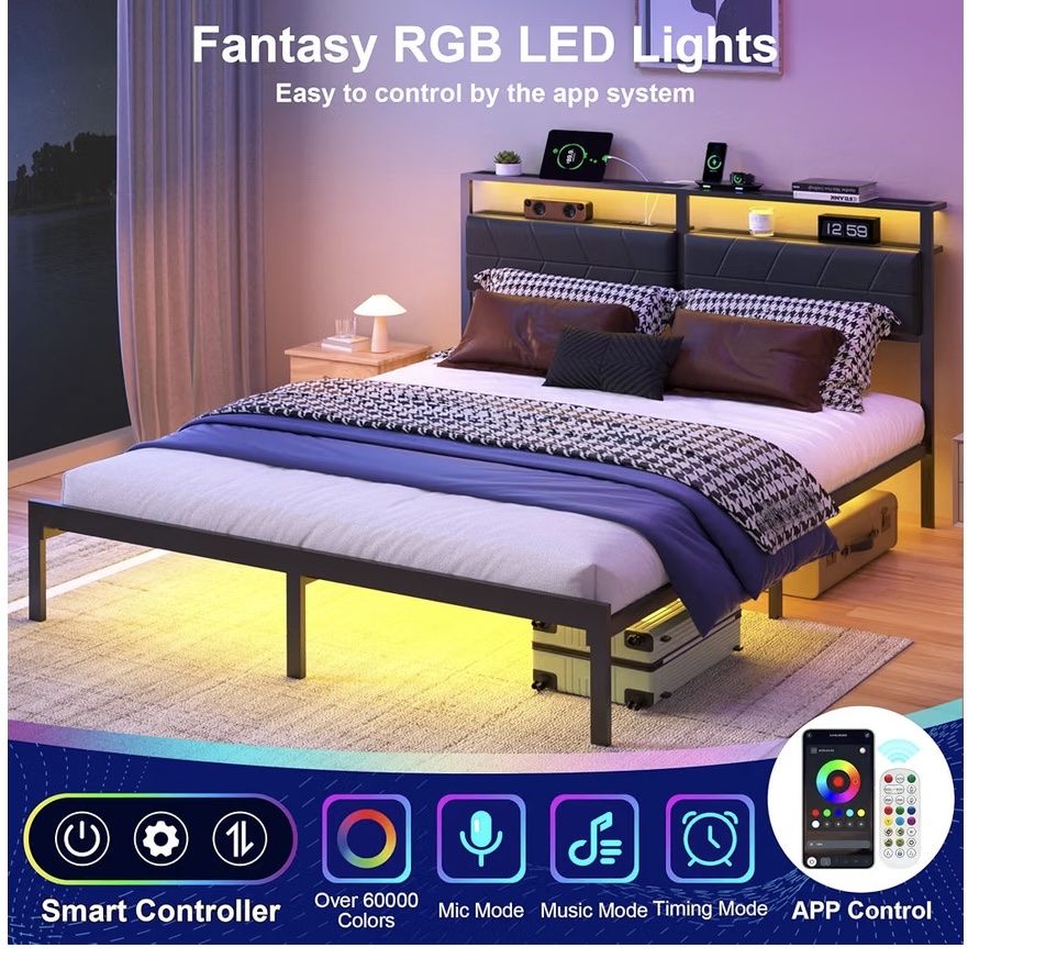 Brand new one Queen Size Metal Bed Frame whit mattress with LED Lights Headboard and Power 