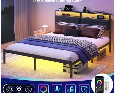 Brand new one Queen Size Metal Bed Frame whit mattress with LED Lights Headboard and Power