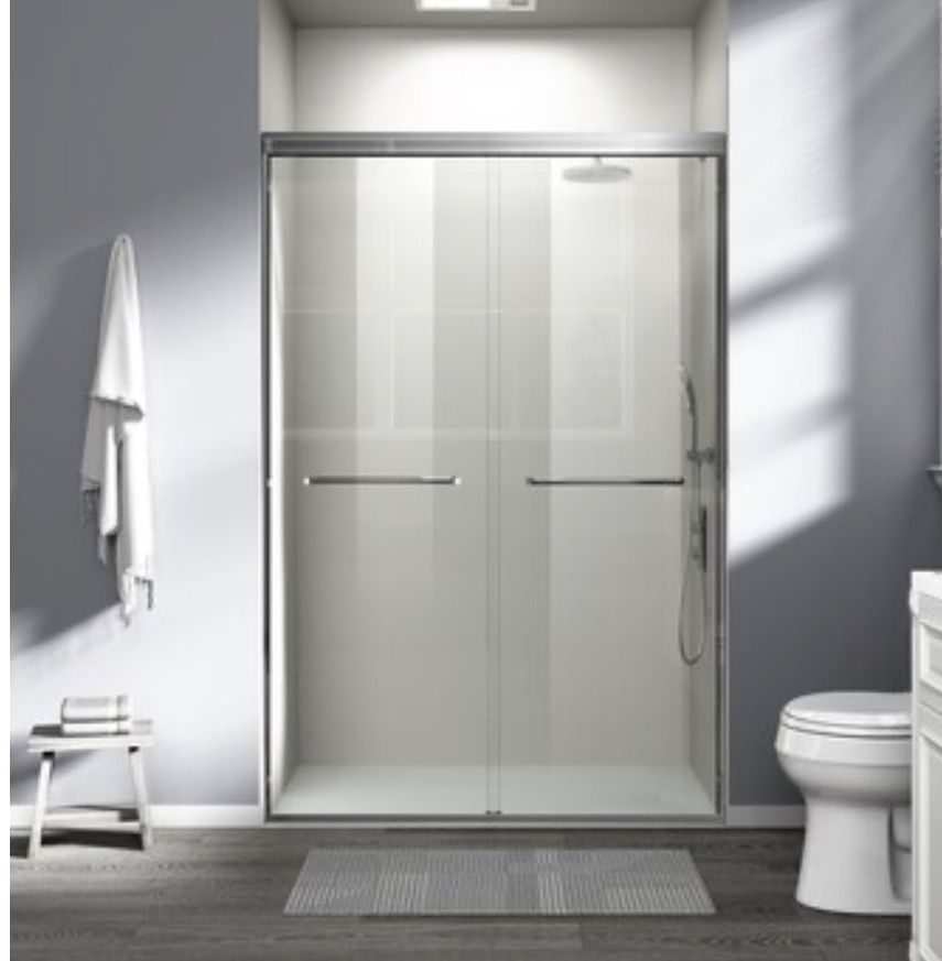 Double sliding semi-frameless shower door