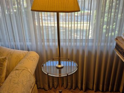 80s brass & glass floor lamp