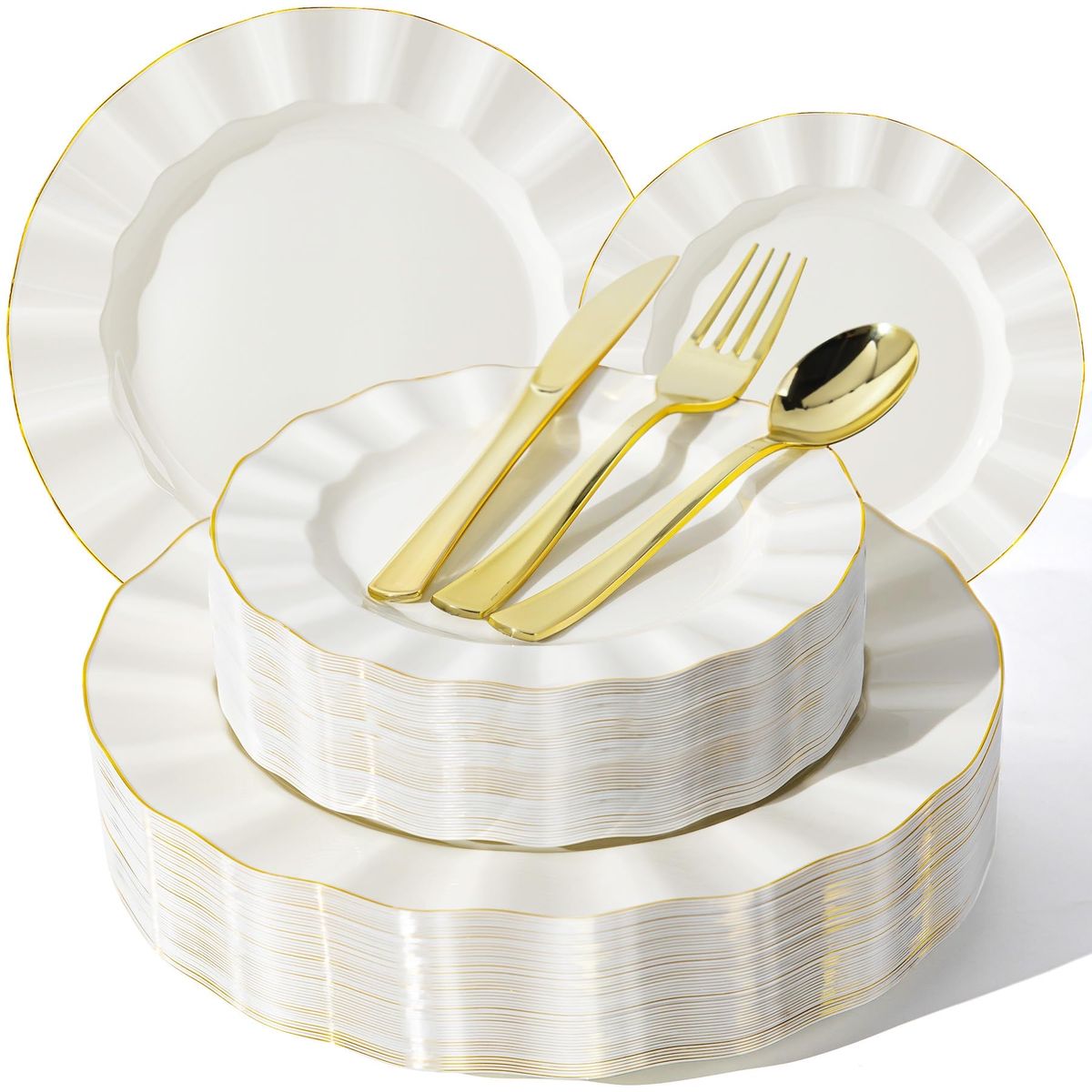 New! QualQuot 250PCS Ivory Plastic Plates Sets with Gold Rim, Gold Dinnerware Set for 50 Guests,100 Disposable Dinner 