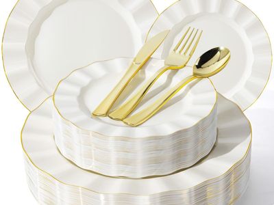 New! QualQuot 250PCS Ivory Plastic Plates Sets with Gold Rim, Gold Dinnerware Set for 50 Guests,100 Disposable Dinner