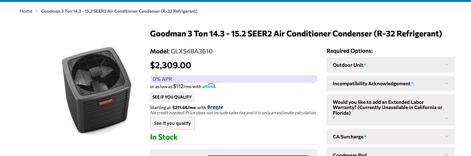 Goodman 3 Ton 14.3 - 15.2 SEER2 Air Conditioner Condenser (R-32 Refrigerant)