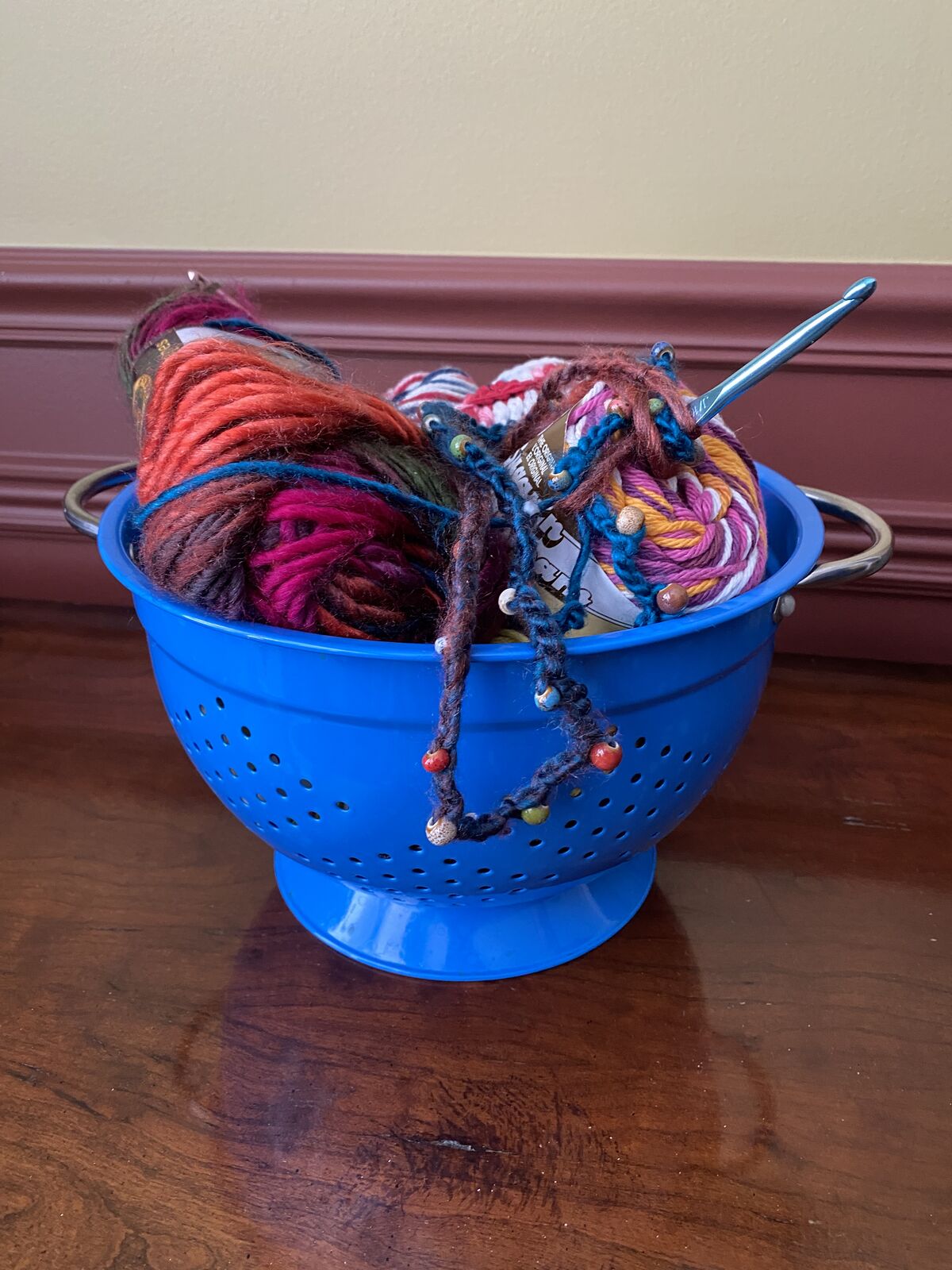 Medium Blue Enamel Colander With Silver Handles - Approx 10 x 6.5 - Possible Planter Or Storage - C PIX