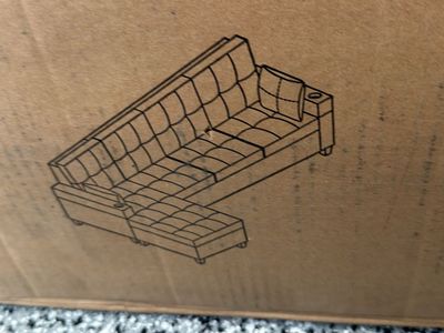 New Dark grey Faux Leather Convertible Sectional Sofa with Storage Ottoman & Cup Holders