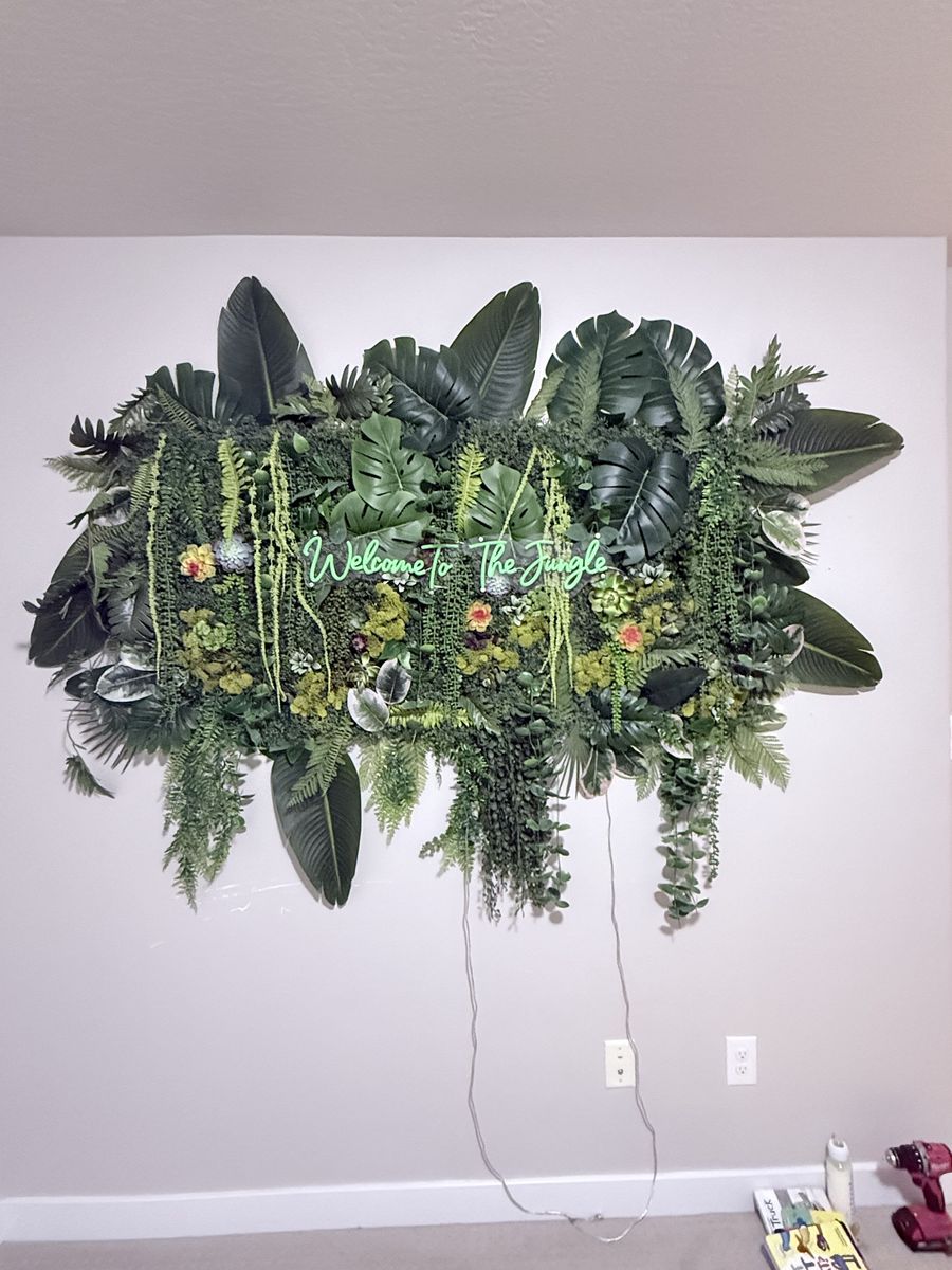 Custom Handmade Jungle Greenery Wall with LED Neon Sign