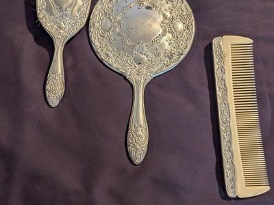 Vintage Lacey & Co. Silver Plated Brush, Mirror & Comb Set - Ornate Floral Design