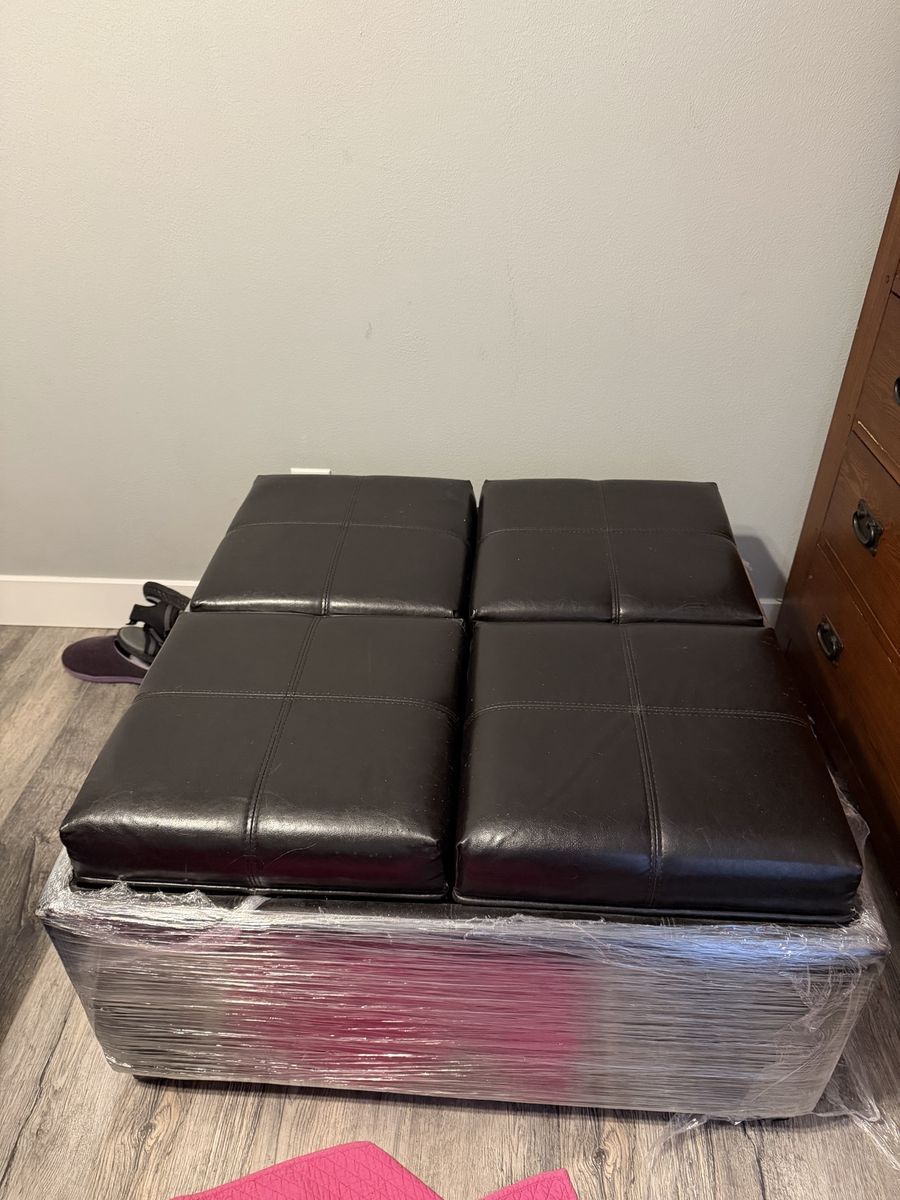 Black Faux Leather Square Storage Ottoman with Reversible Tray Tops