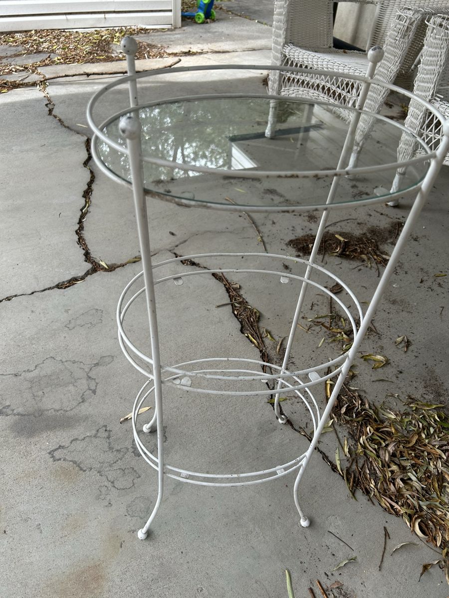 Vintage White Metal Multi-Tier Plant Stand with Glass Top