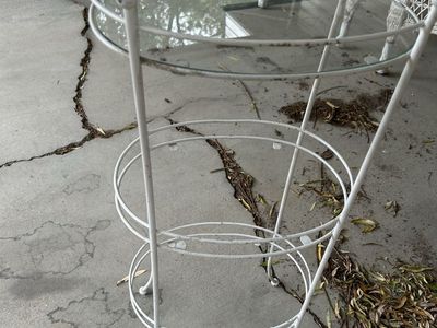 Vintage White Metal Multi-Tier Plant Stand with Glass Top