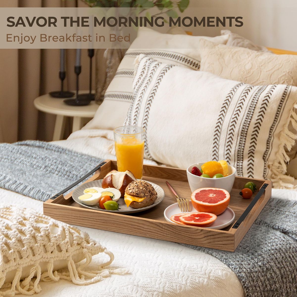 New! Wooden Serving Tray with Metal Handles|Ottoman Tray for Breakfast, Bed, Couch|17x13in Ash Wood Coffee Table Trays|Food Dr