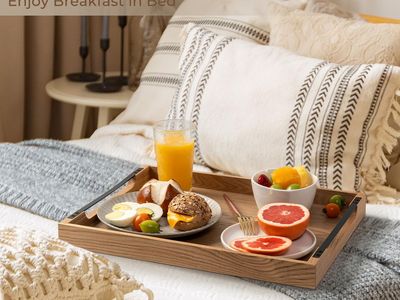 New! Wooden Serving Tray with Metal Handles|Ottoman Tray for Breakfast, Bed, Couch|17x13in Ash Wood Coffee Table Trays|Food Dr