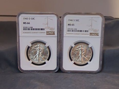 Silver 1943 D & 1946 S Walking Liberty Half Dollar 50C .50