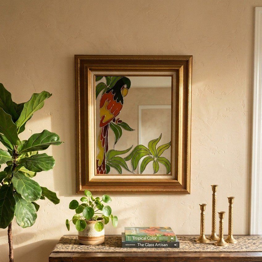 Vintage Parrot Stained Glass Framed Mirror