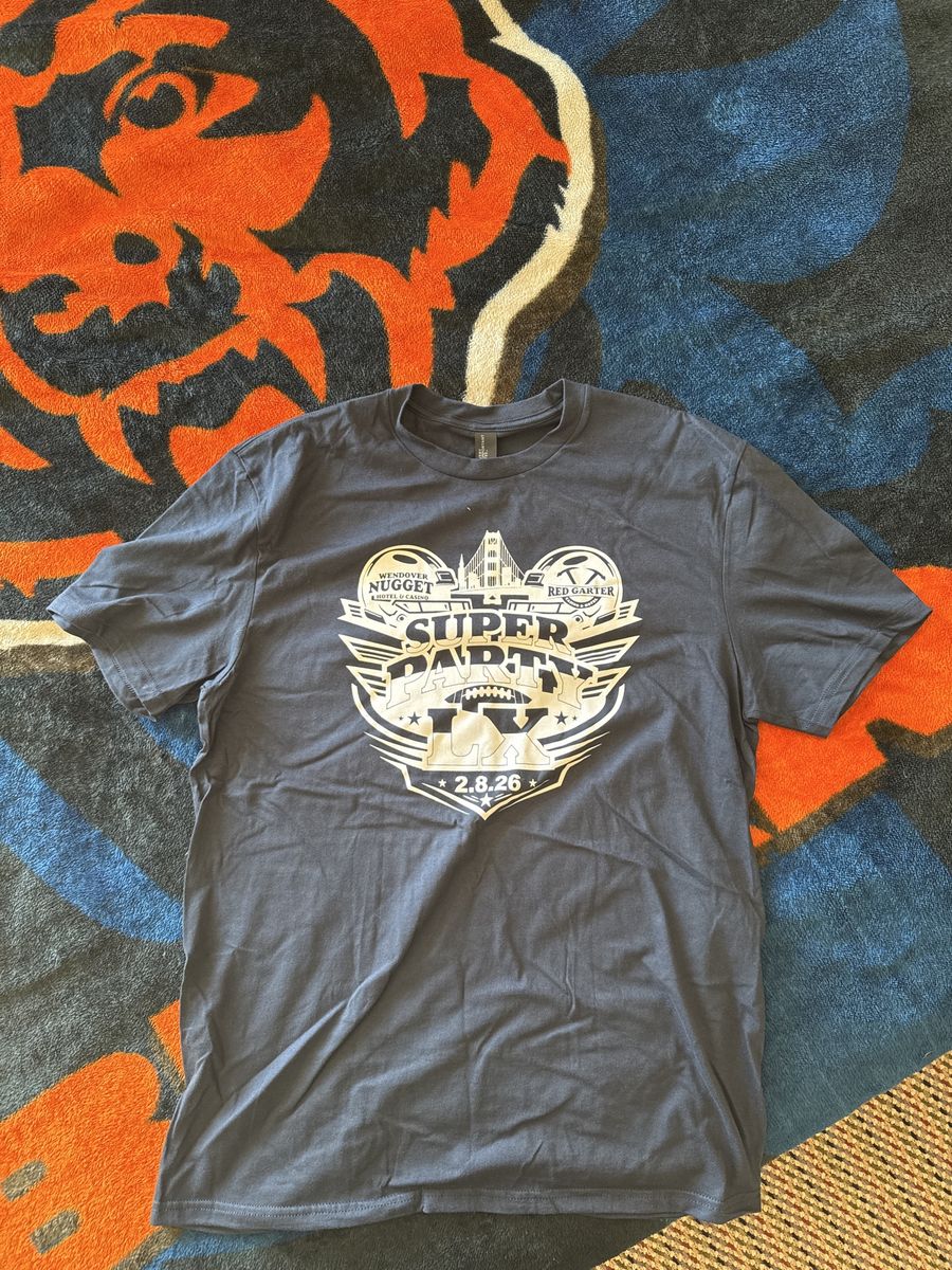 Wendover Nugget & Red Garter Super Party IX T-Shirt - Blue Cotton Graphic Tee - Size L