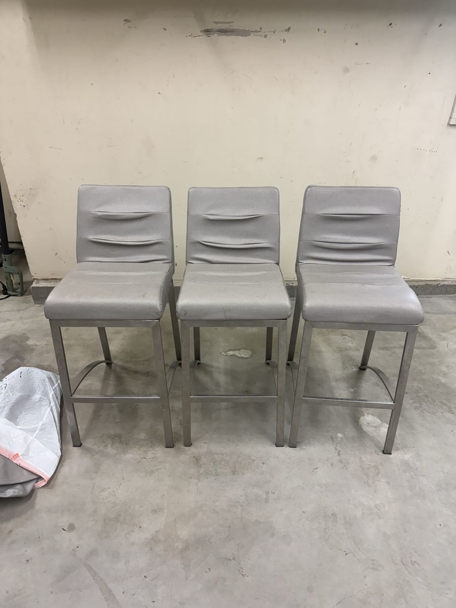 Set of 3 Gray Faux Leather Barstools with Extra Slipcovers
