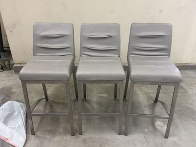 Set of 3 Gray Faux Leather Barstools with Extra Slipcovers