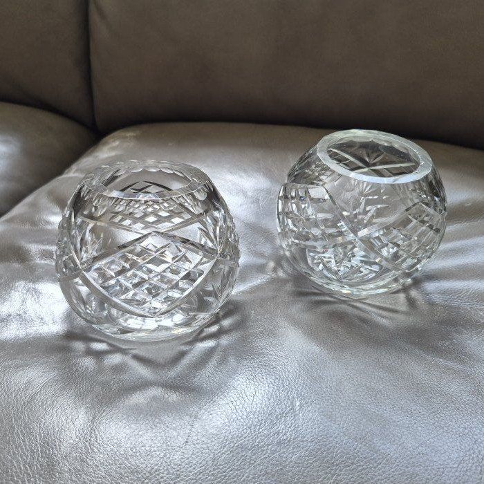 Crystal Votive Candle Holders / Small Vases, Clear Glass, Ornate Diamond Pattern