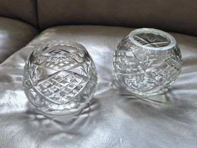 Crystal Votive Candle Holders / Small Vases, Clear Glass, Ornate Diamond Pattern
