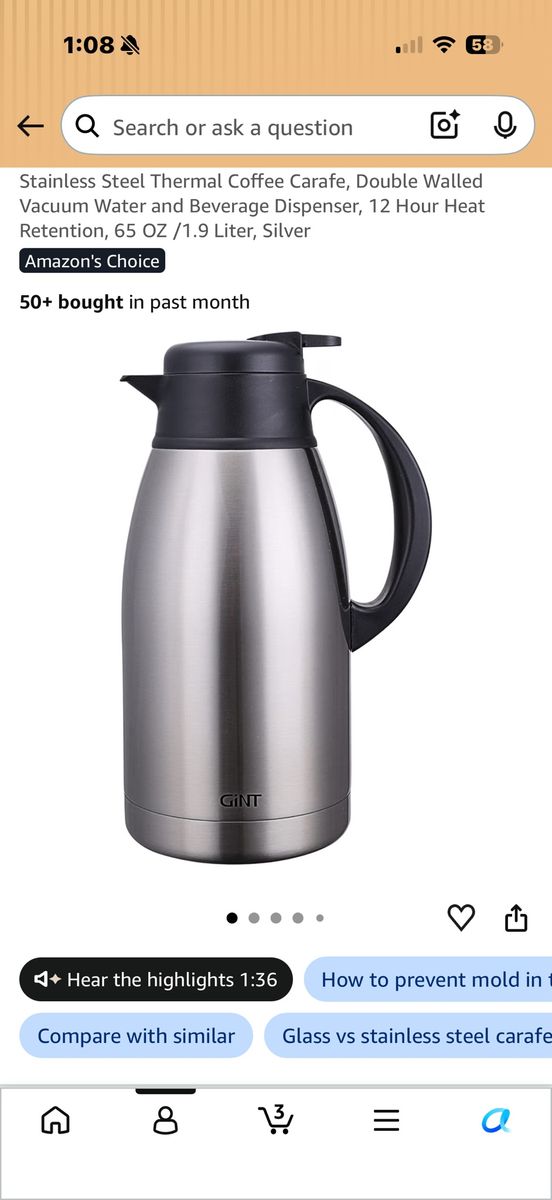 GiNT Stainless Steel Thermal Coffee Carafe Double Walled Vacuum Dispenser 65 oz / 1.9L Silver