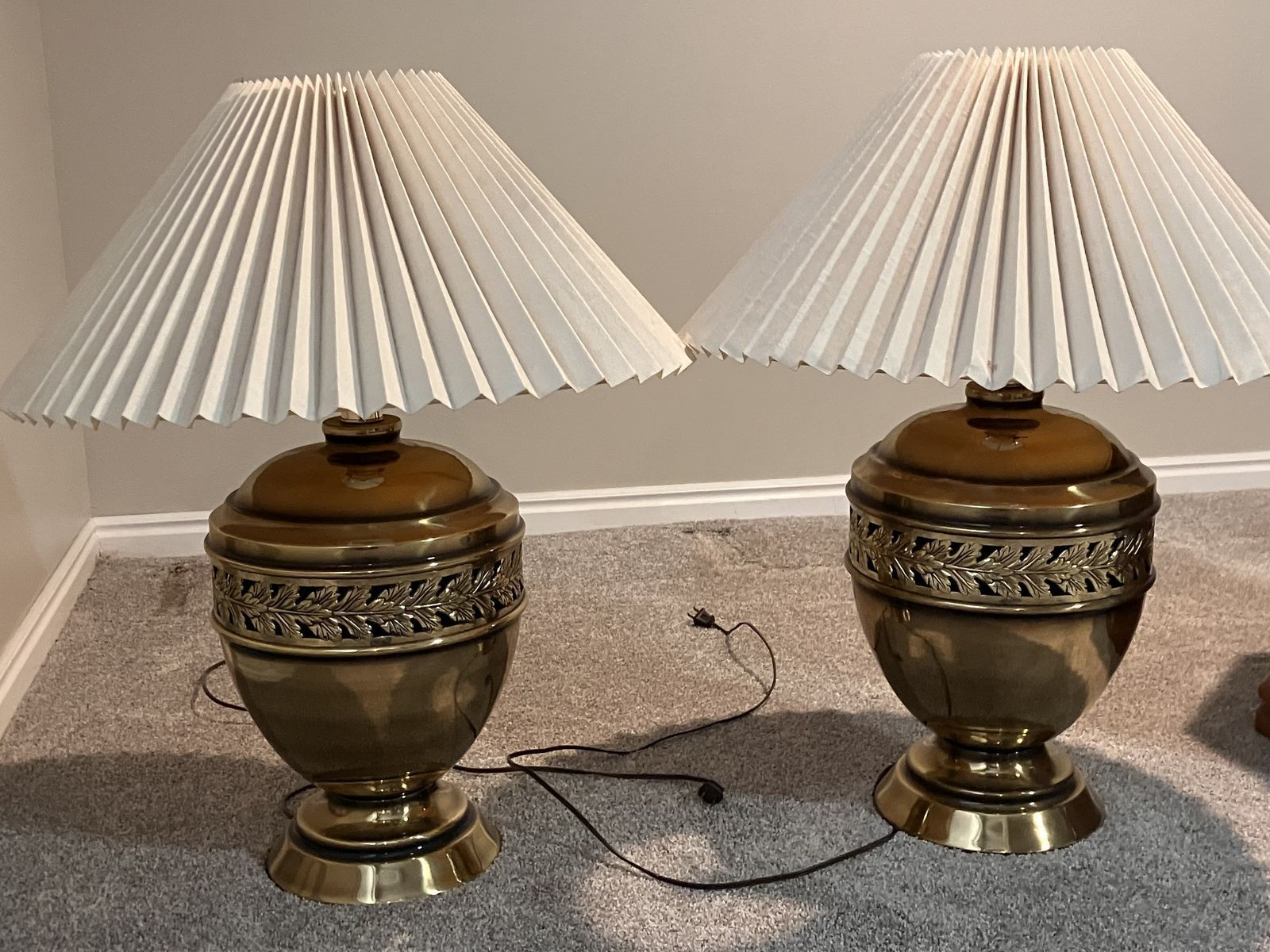 Vintage Brass Urn Table Lamps with Pleated Shades - Set of 2