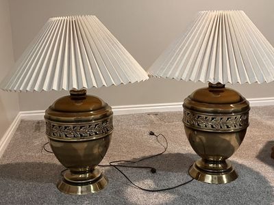 Vintage Brass Urn Table Lamps with Pleated Shades - Set of 2