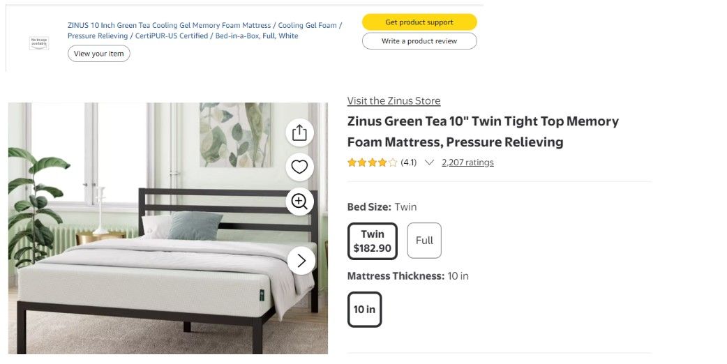 Zinus 10 inch green tea cooling gel memory foam mattress - Full size