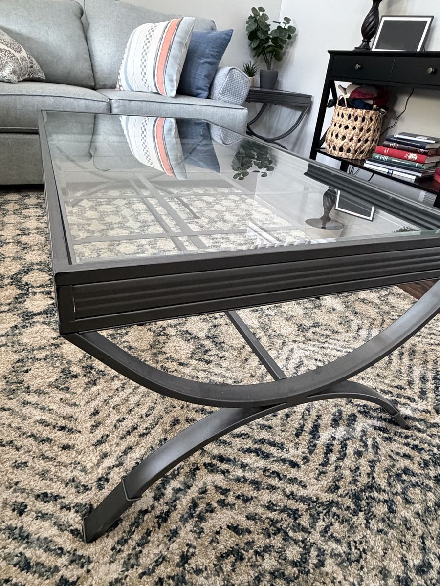 Modern Dark Metal & Glass Coffee Table and Matching End Table Set