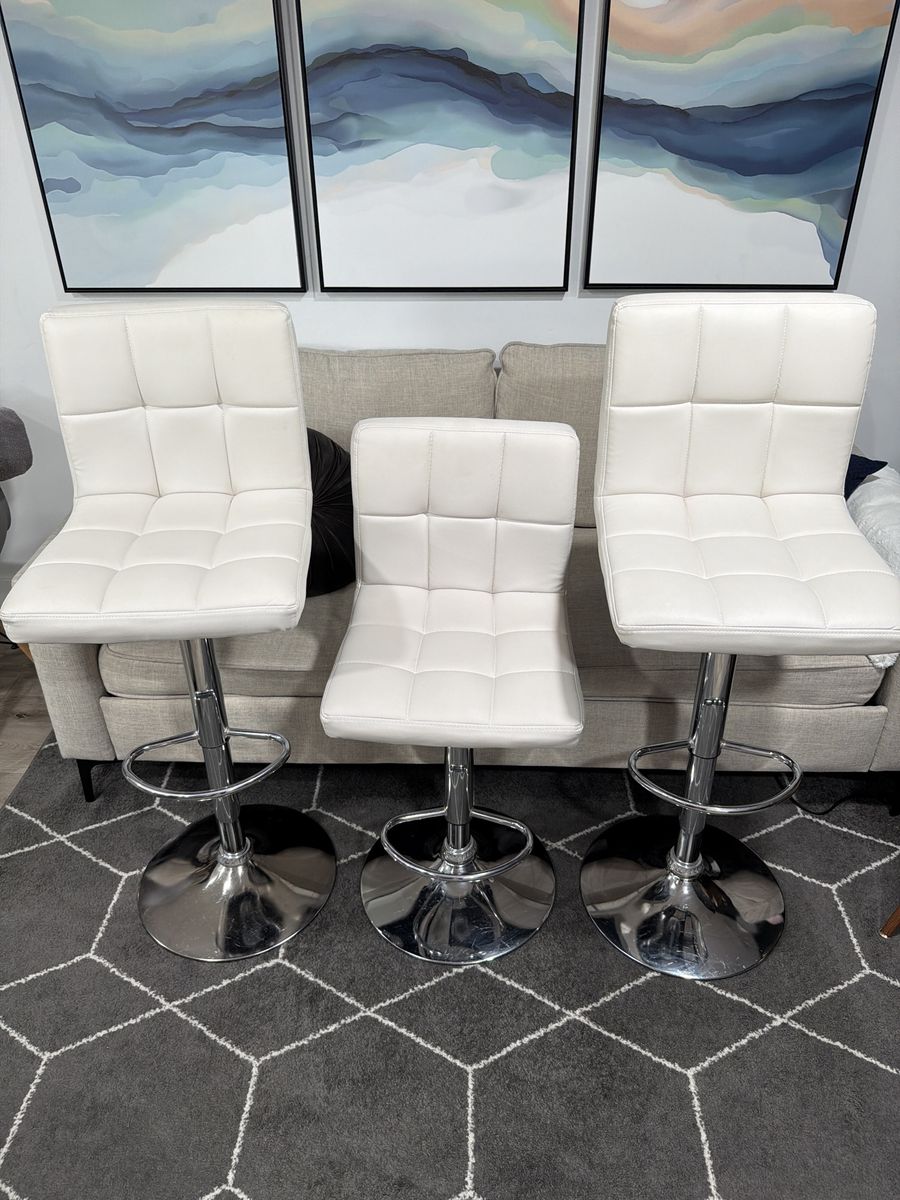 Set of 3 White Tufted Adjustable Swivel Bar Stools with Chrome Base