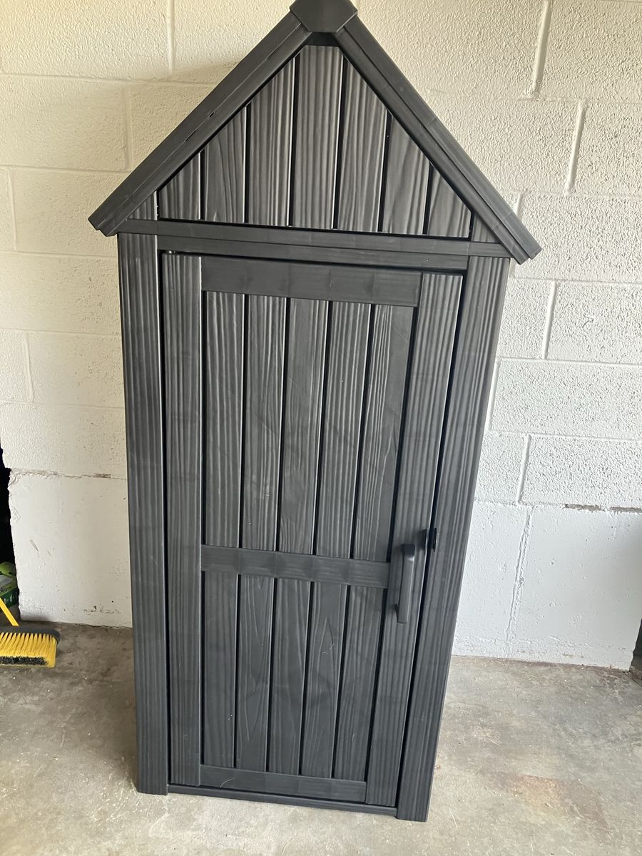 Outdoor Resin Storage Shed - Dark Gray Vertical Garden Tool Cabinet with Shelf & Door Hooks