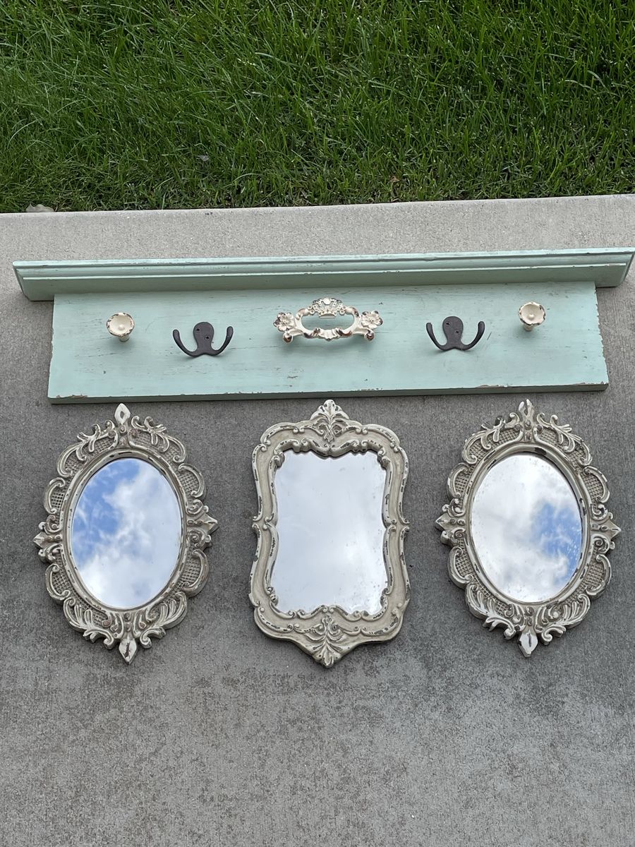 Shabby Chic Distressed Mint Peg Rail Shelf & 3 Ornate Mirrors Set
