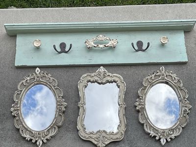 Shabby Chic Distressed Mint Peg Rail Shelf & 3 Ornate Mirrors Set
