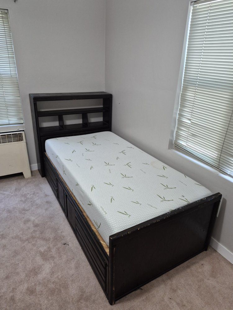 Dark Wood Storage Bed Frame with Bookcase Headboard and Drawers and Bamboo mattress