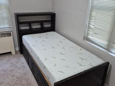 Dark Wood Storage Bed Frame with Bookcase Headboard and Drawers and Bamboo mattress