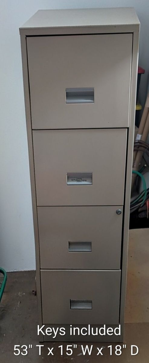 Vintage S.P. Richards Metal File Cabinet, 4-Drawer, Keys Included. it includes hanging file folders with supports.