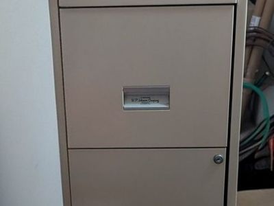 Vintage S.P. Richards Metal File Cabinet, 4-Drawer, Keys Included. it includes hanging file folders with supports.
