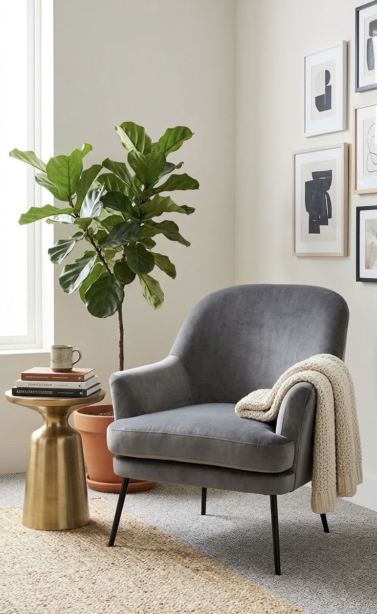 Modern Gray Velvet Accent Armchair with Black Metal Legs
