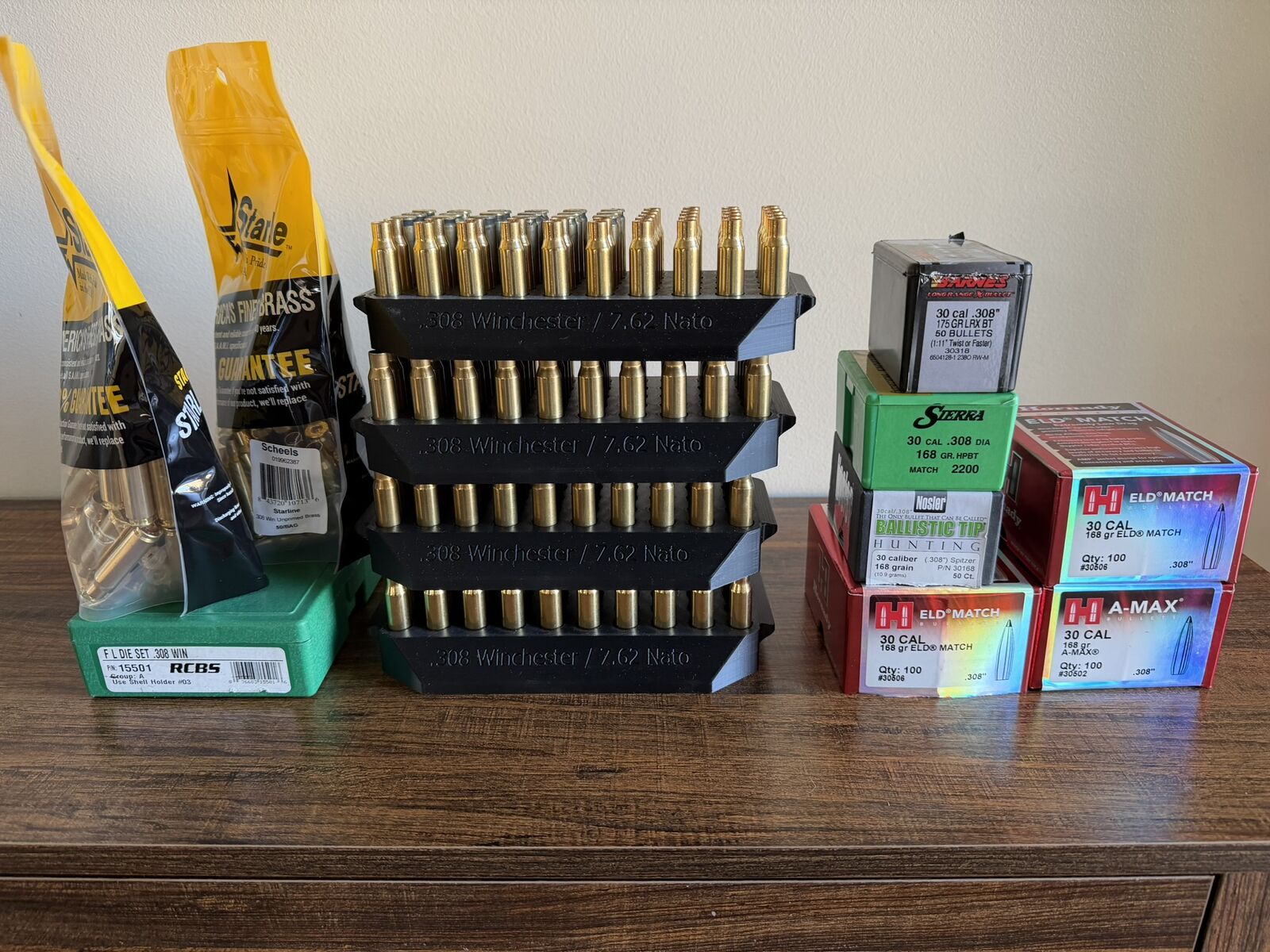 .308 Winchester primed brass, brass, projectiles, RCBS dies