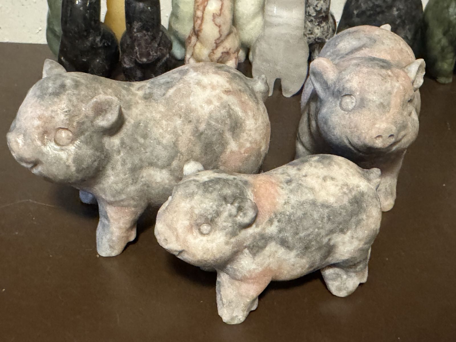 Unique Hand-Carved Stone Pig Figurines - Set of 3 - Material is Pink Opal. Heavy, excellent quality.