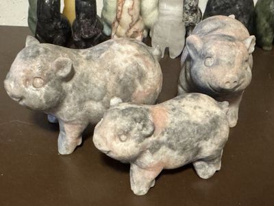 Unique Hand-Carved Stone Pig Figurines - Set of 3 - Material is Pink Opal. Heavy, excellent quality.