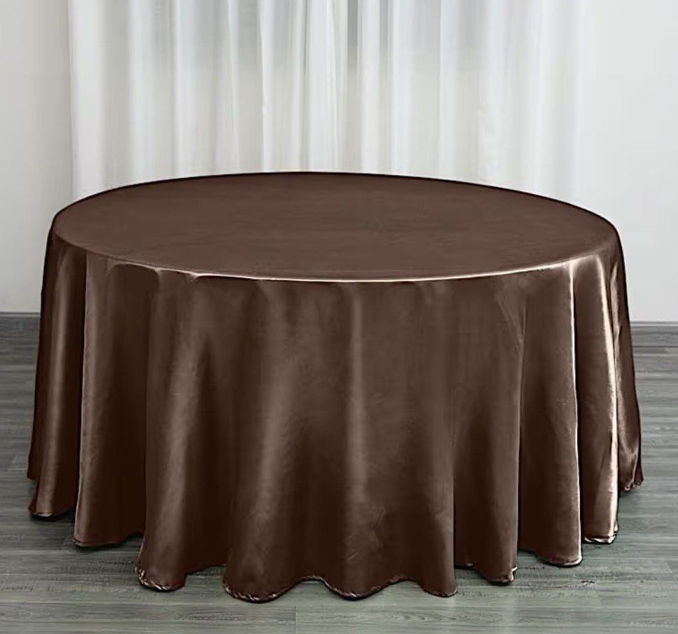 Seven chocolate brown shiny satin 120" round tablecloths