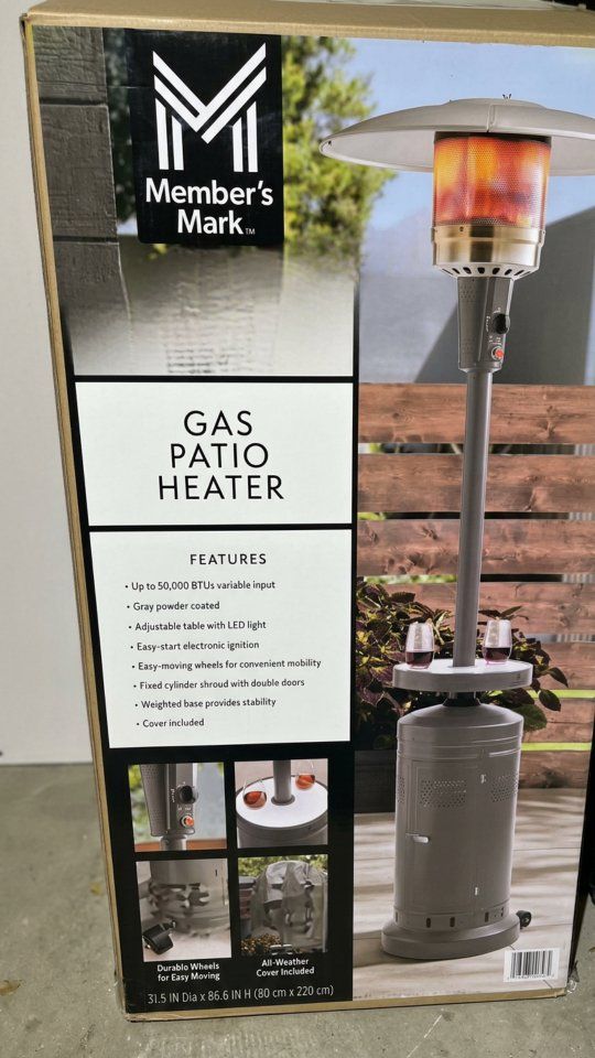 Brand New in Box Member's Mark 50,000 BTU Gas Patio Heater with LED Table, Wheels & Cover