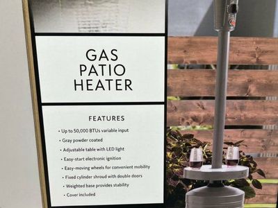 Brand New in Box Member's Mark 50,000 BTU Gas Patio Heater with LED Table, Wheels & Cover