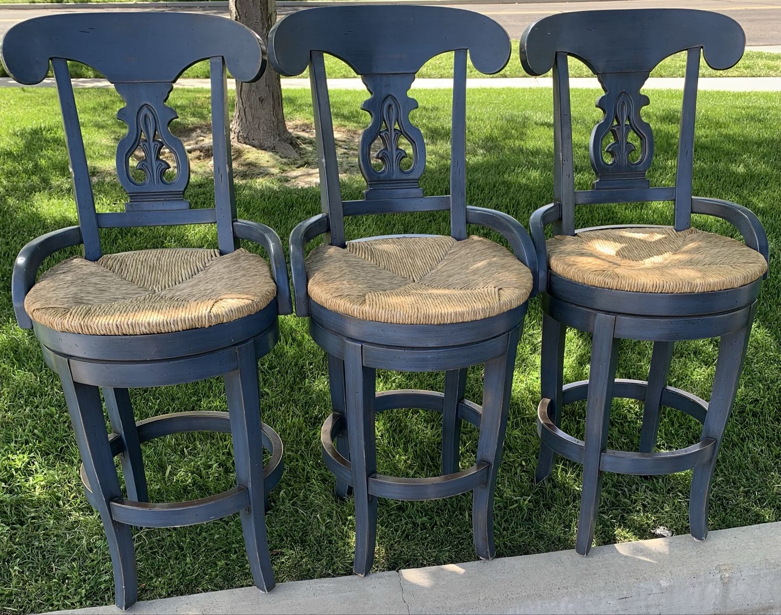 Set of 3 Pottery Barn Napoleon Swivel Counter Stools – Distressed Navy Blue
