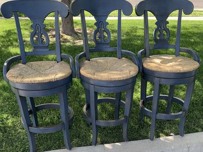 Set of 3 Pottery Barn Napoleon Swivel Counter Stools – Distressed Navy Blue