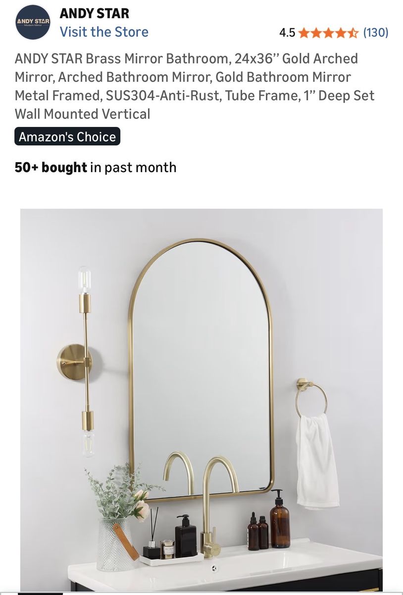 ANDY STAR 24x36" Gold Arched Bathroom Mirror, Metal Framed, SUS304 Anti-Rust, Wall Mounted