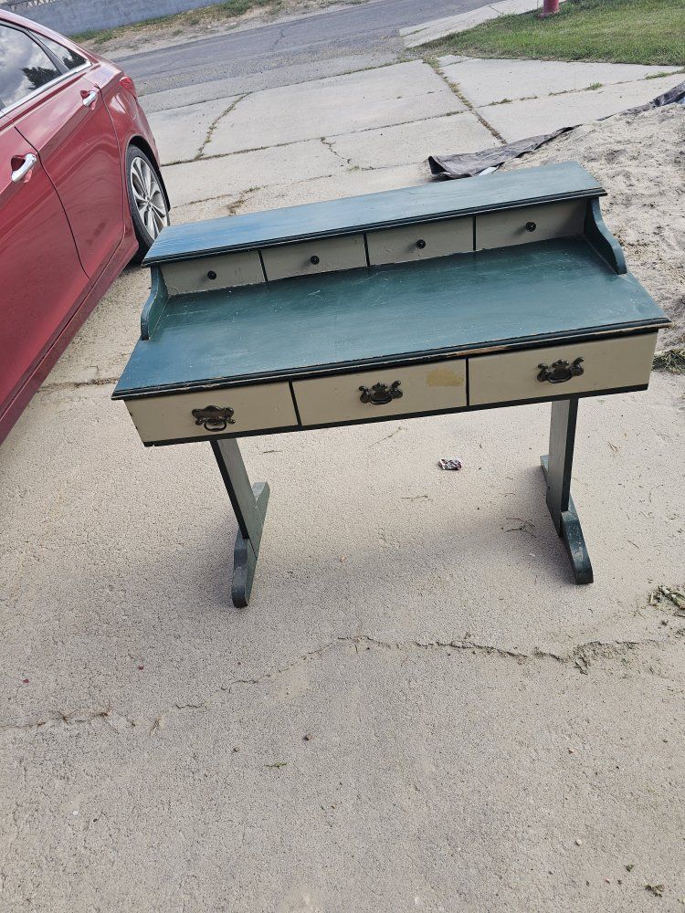 Vintage Painted Wooden Desk with Multiple Storage Drawers - Green and Tan