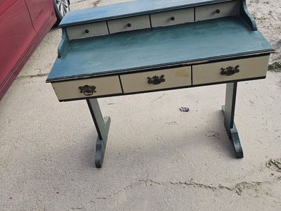 Vintage Painted Wooden Desk with Multiple Storage Drawers - Green and Tan