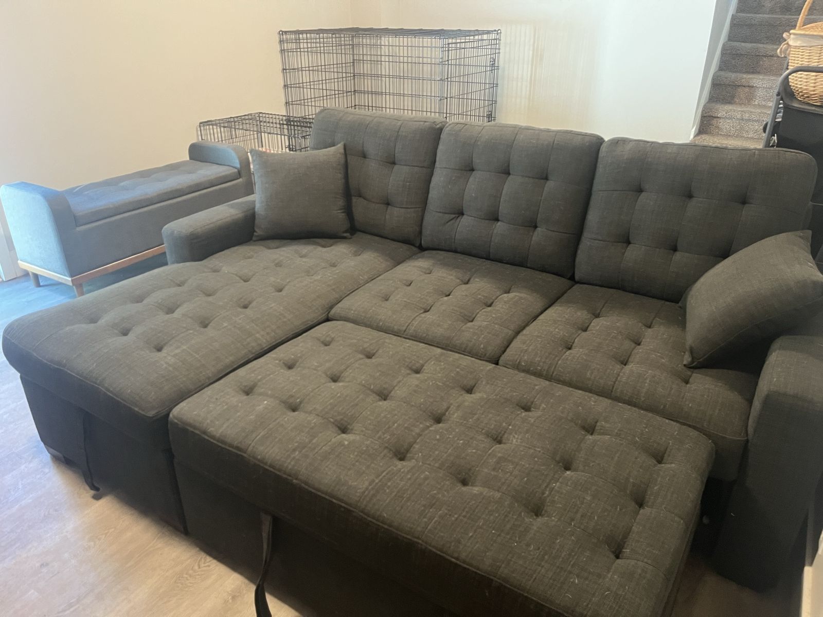 MATCHING SET: Spacious Dark Gray Tufted Sectional Sleeper Sofa with Matching Storage Ottoman - Excellent Condition